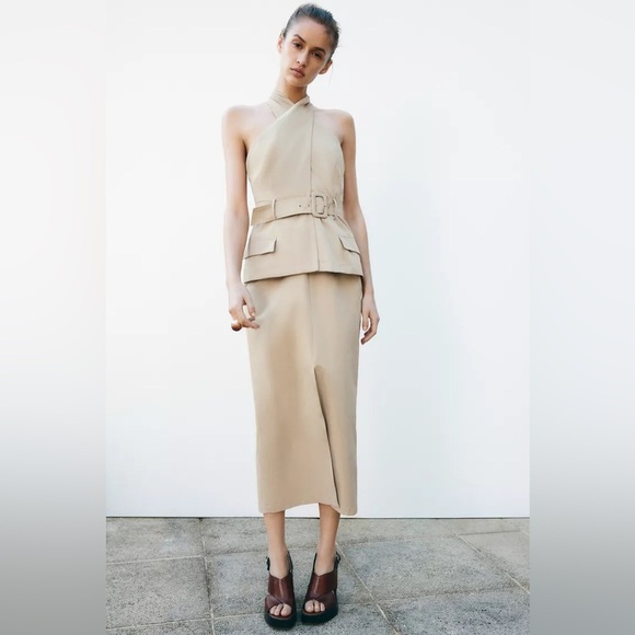 NET ZARA CROSSOVER BELTED MIDI DRESS - Picture 9 of 14